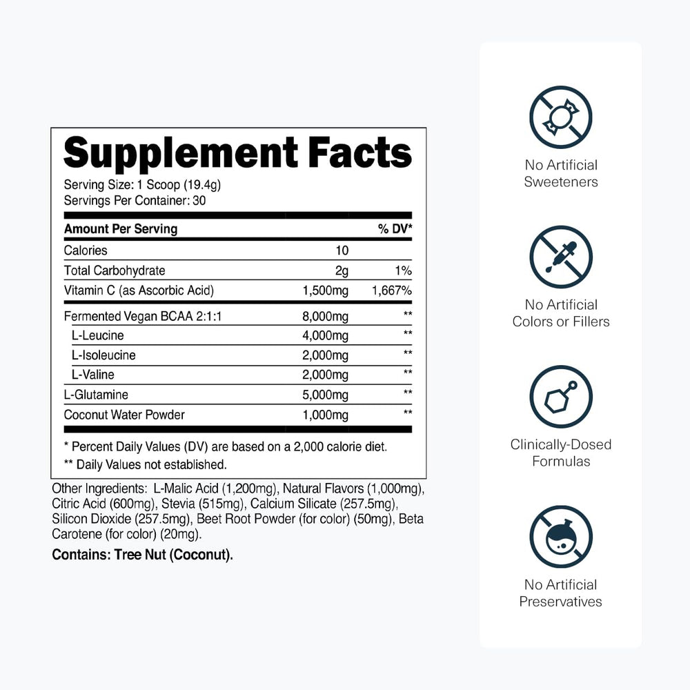 Nutrition facts panel for Transparent Labs BCAA Glutamine