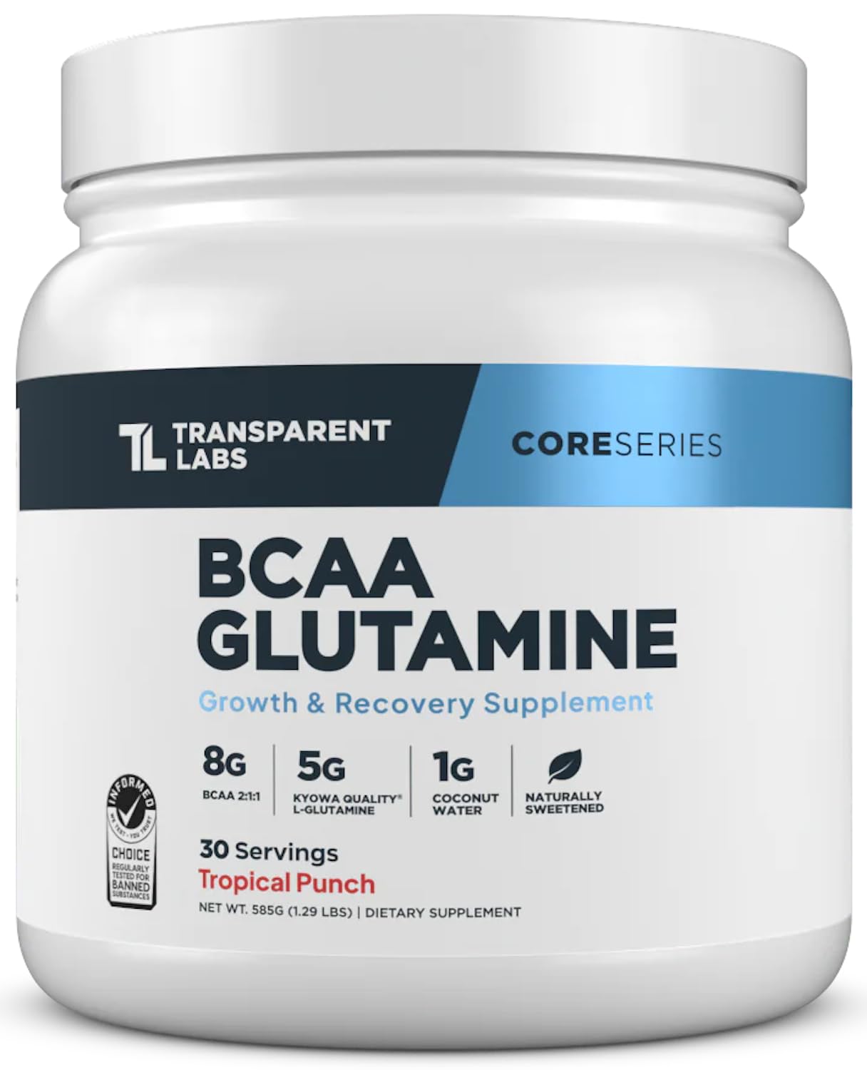 Front view of Transparent Labs BCAA Glutamine Tropical Punch tub