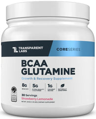Front packaging of Transparent Labs BCAA Glutamine Strawberry Lemonade