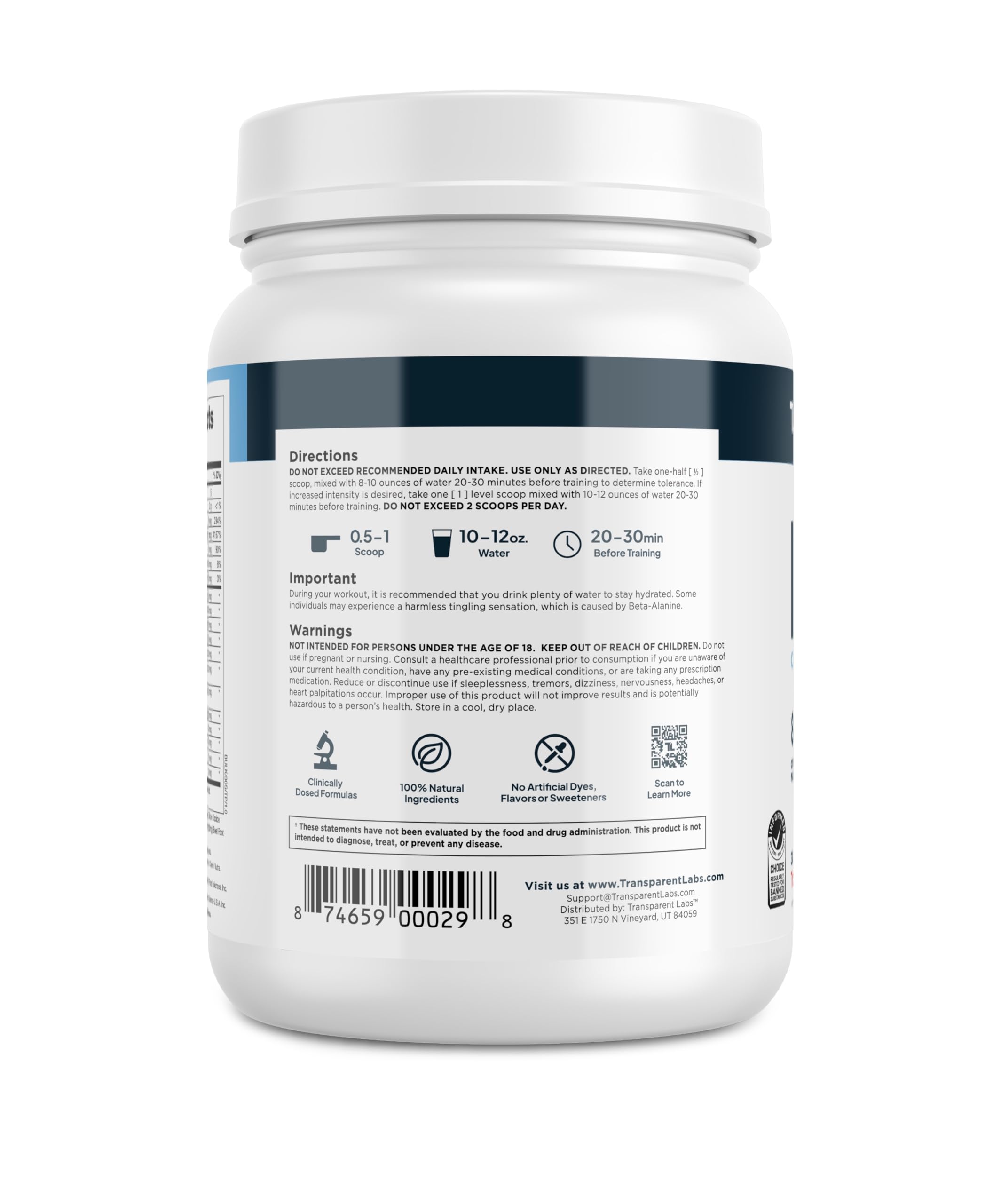 Nutritional facts panel for Transparent Labs Bulk Pre Workout Powder Tropical Punch