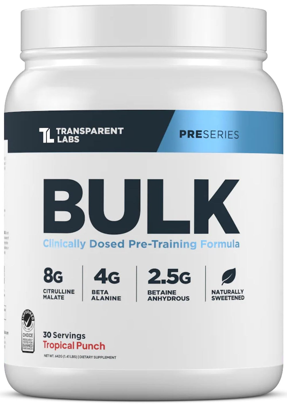 Tub of Transparent Labs Bulk Pre Workout Powder Tropical Punch flavor