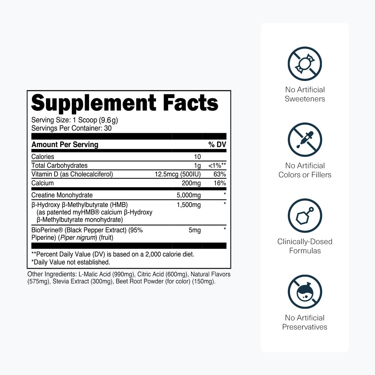 Scoop of Creatine HMB powder beside the bottle