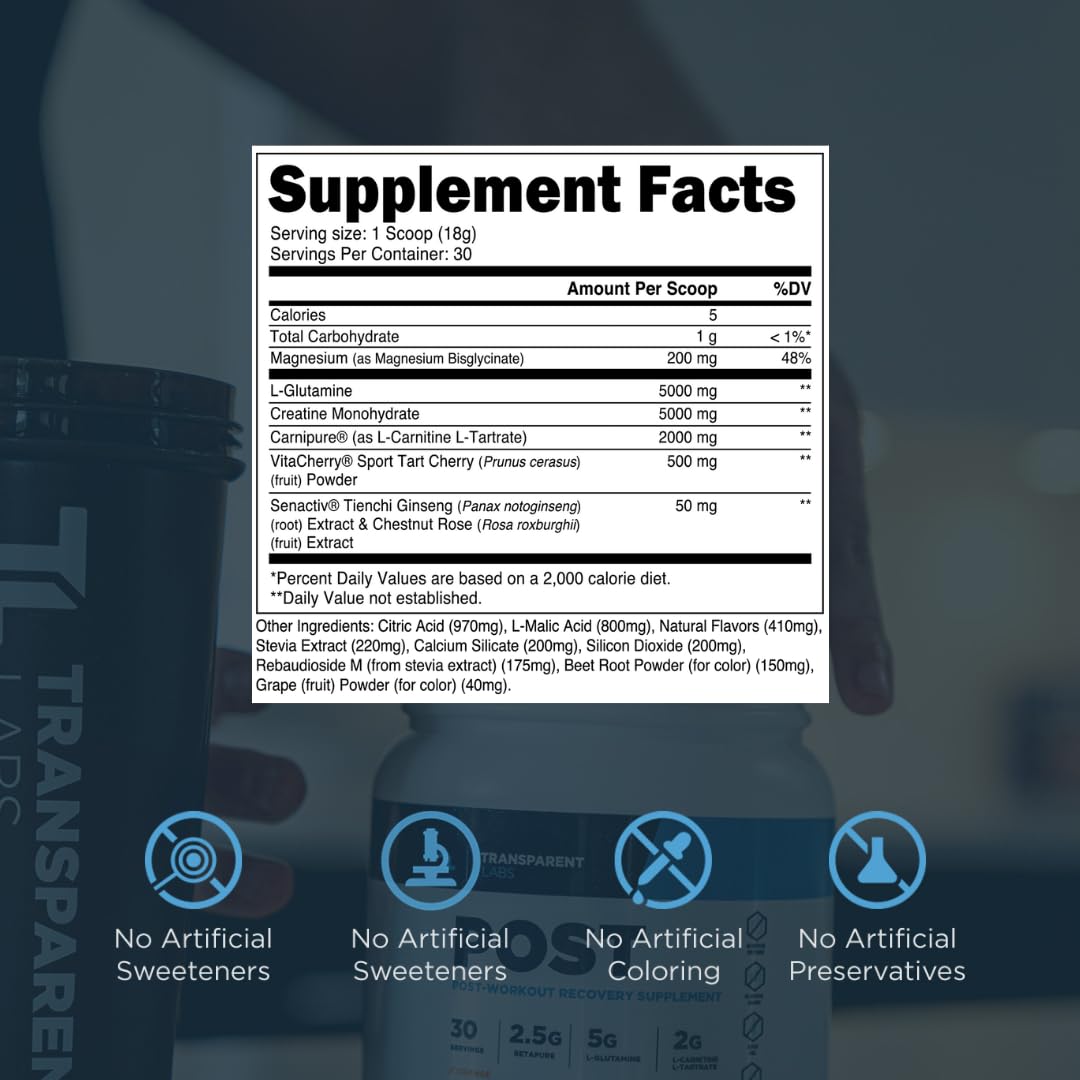 Label showing ingredients and nutrition facts for Transparent Labs Post