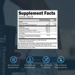 Label showing ingredients and nutrition facts for Transparent Labs Post