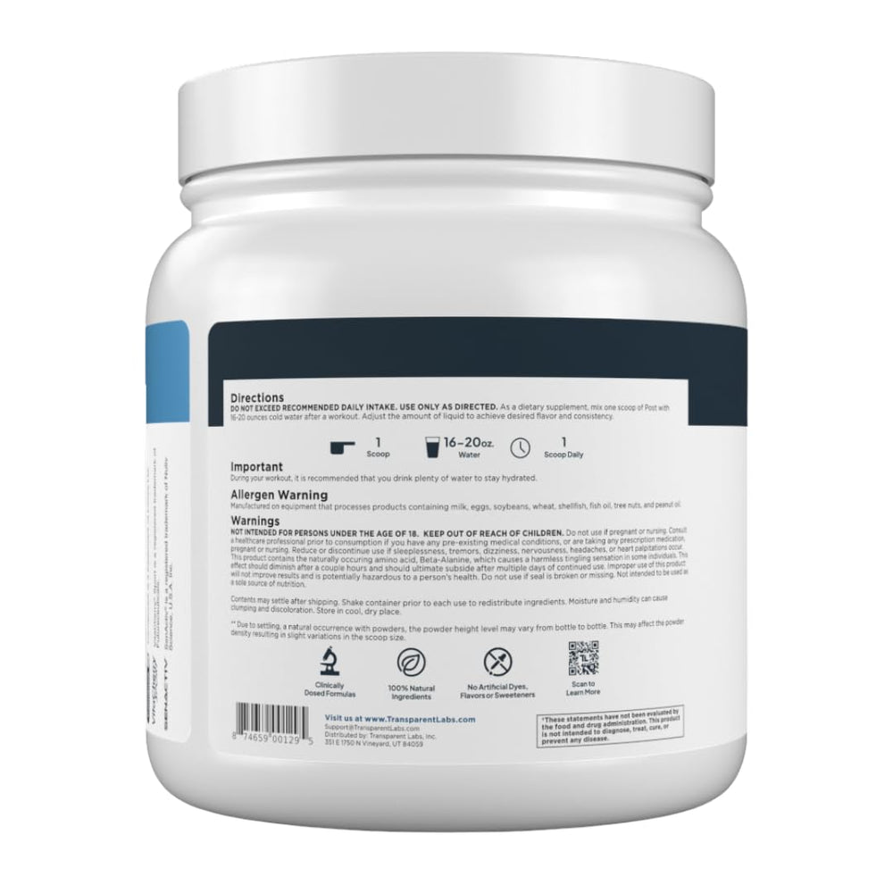 Nutritional information and supplement facts for Transparent Labs Post