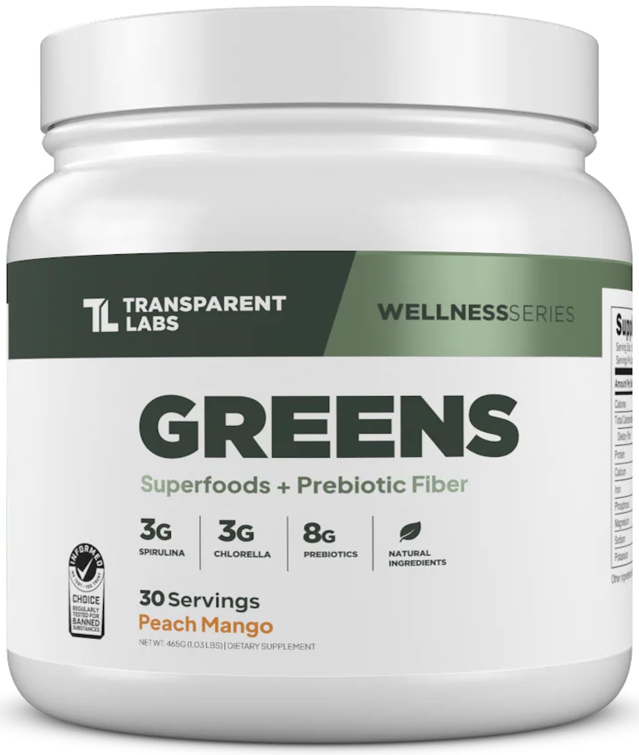 Front view of Transparent Labs Prebiotic Greens Peach Mango container