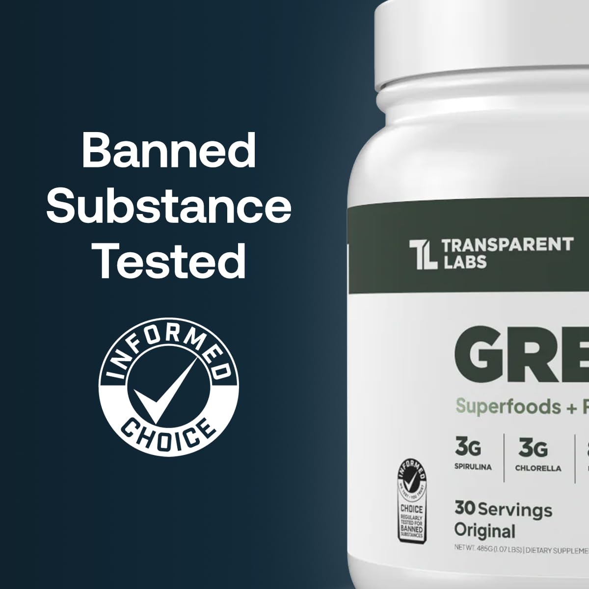 Close-up of product label highlighting organic spirulina and chlorella