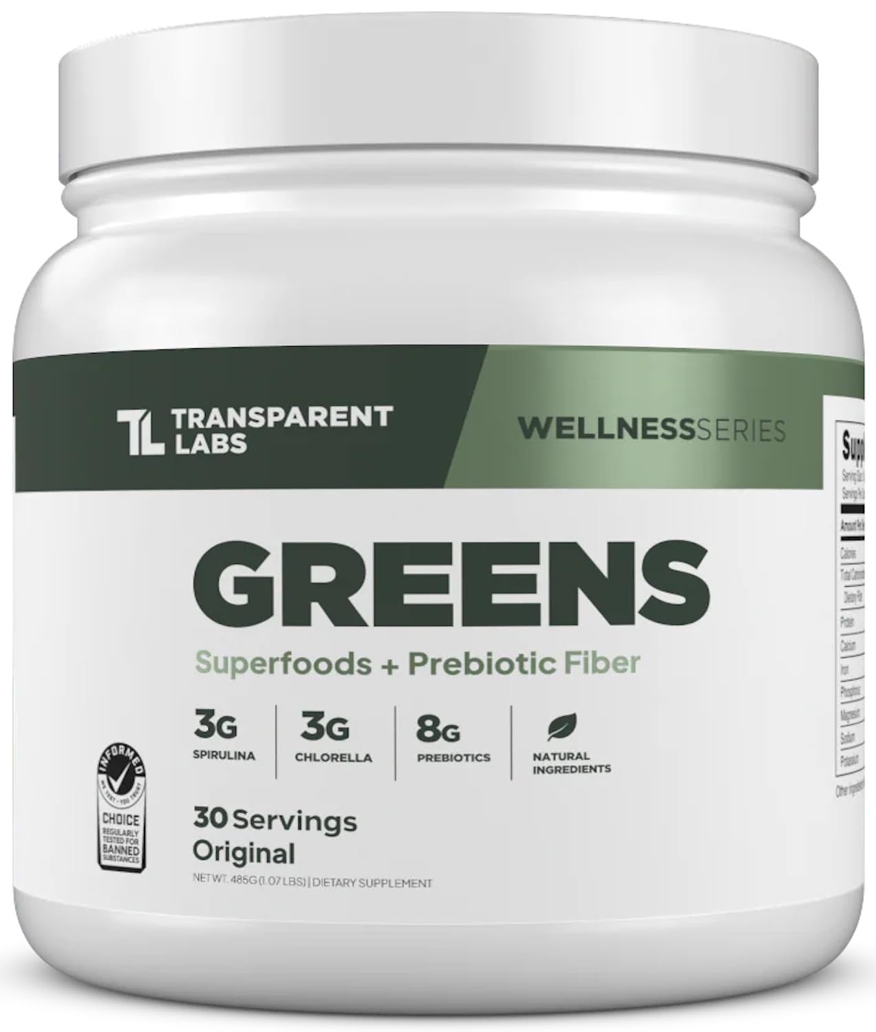 Front view of Transparent Labs Prebiotic Greens jar