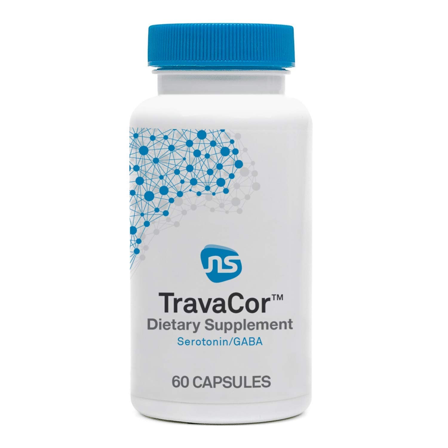 Bottle front view of NeuroScience TravaCor mood support supplement, 60 capsules