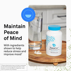 Bottle side view showing label of TravaCor 60 capsules