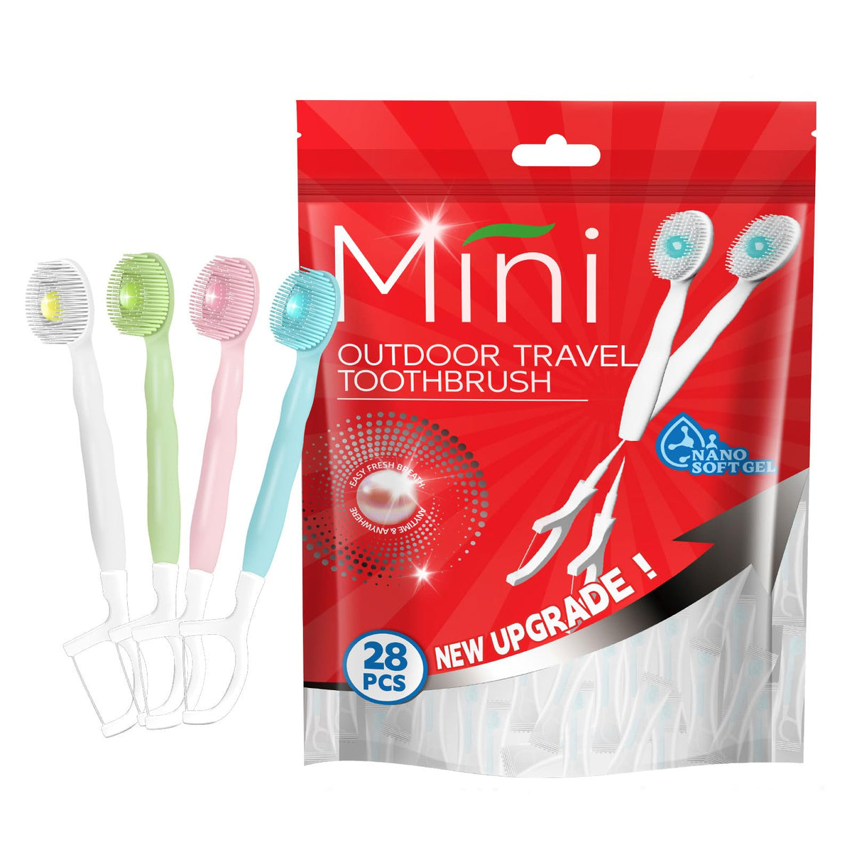 Travel 5-in-1 disposable toothbrush with toothpaste beads in compact packaging