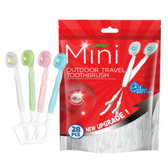 Travel 5-in-1 disposable toothbrush with toothpaste beads in compact packaging