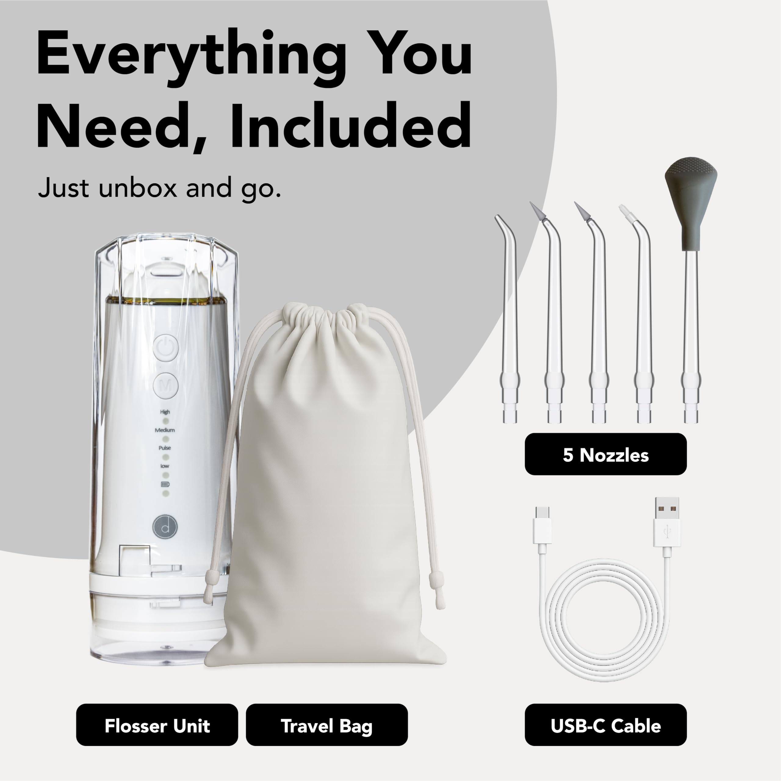 Protective tank cover and travel bag included with the flosser