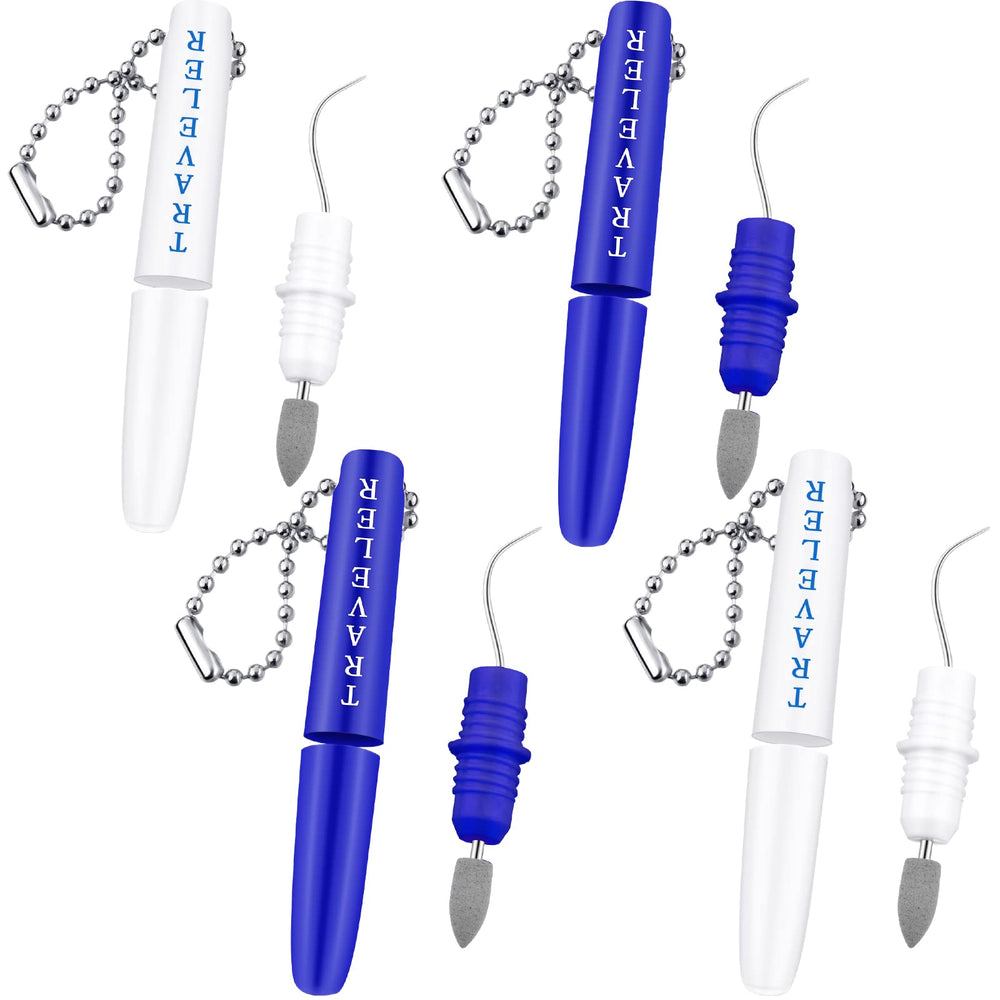 4-piece travel dental tooth picks with mini metal holder on white background