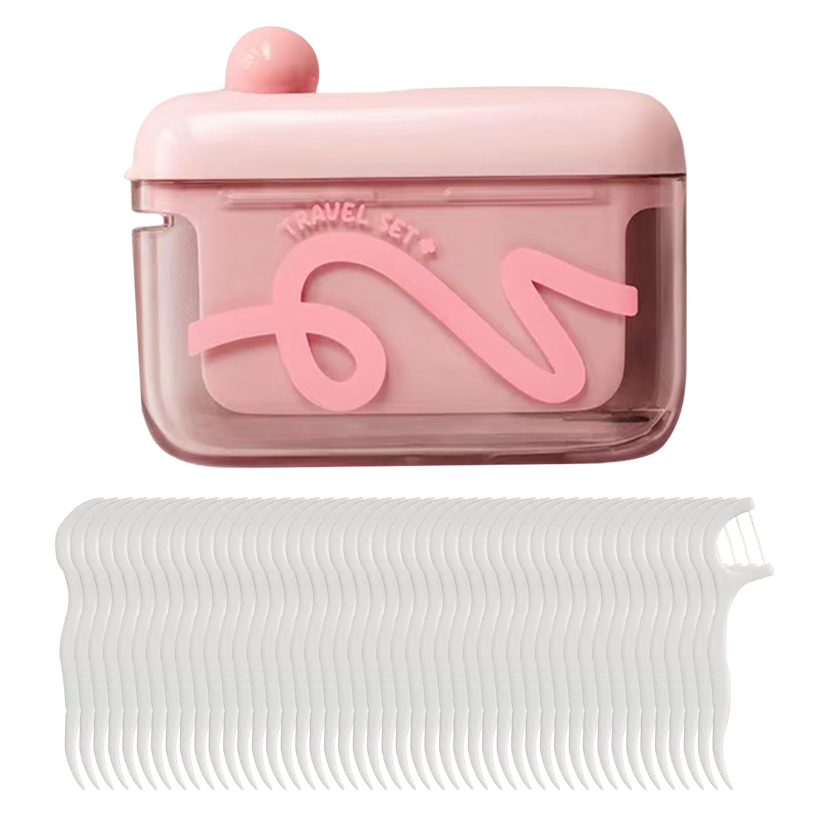 Travel floss picks in pink case with automatic pop-up dispenser