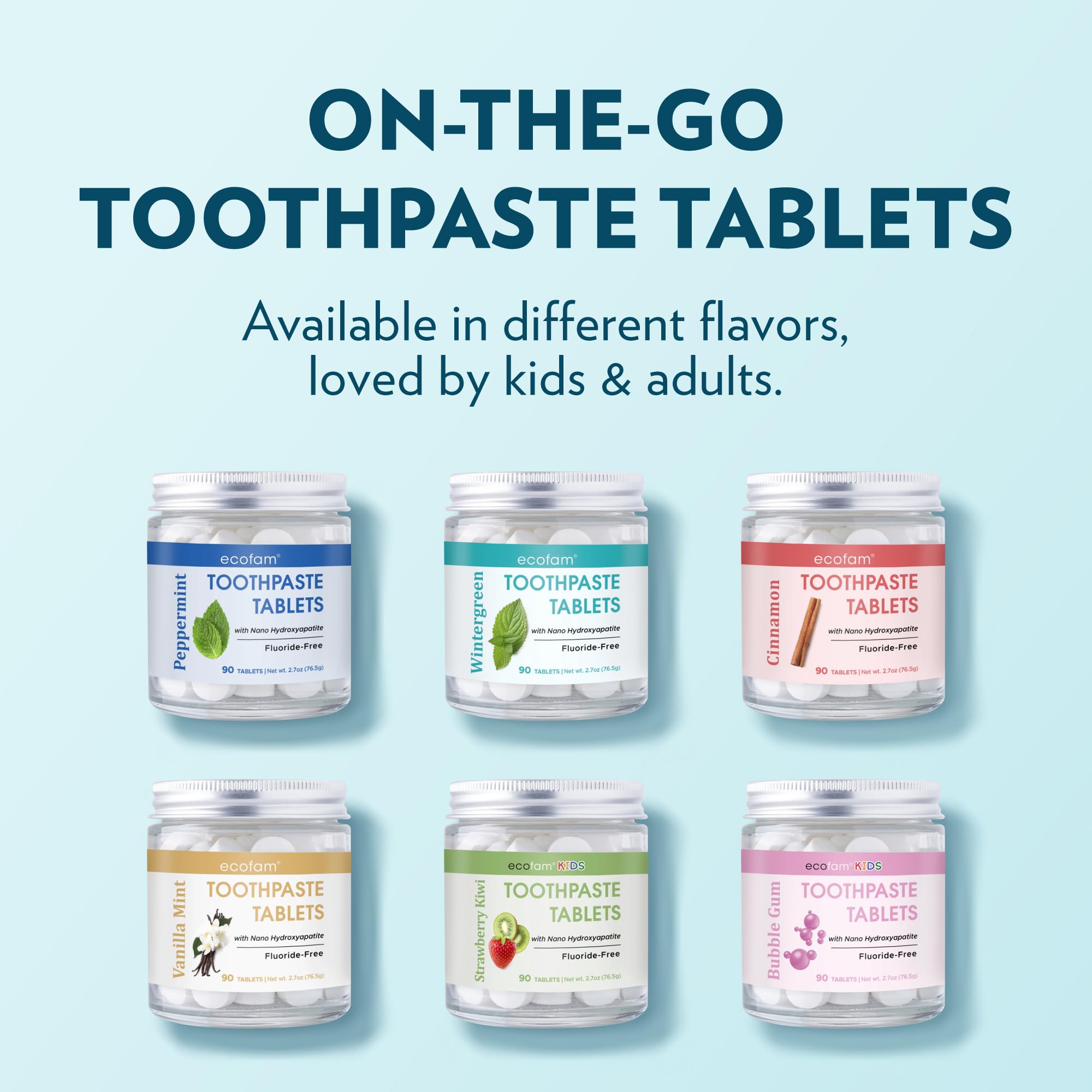Travel-friendly toothpaste tablets in a compact glass jar