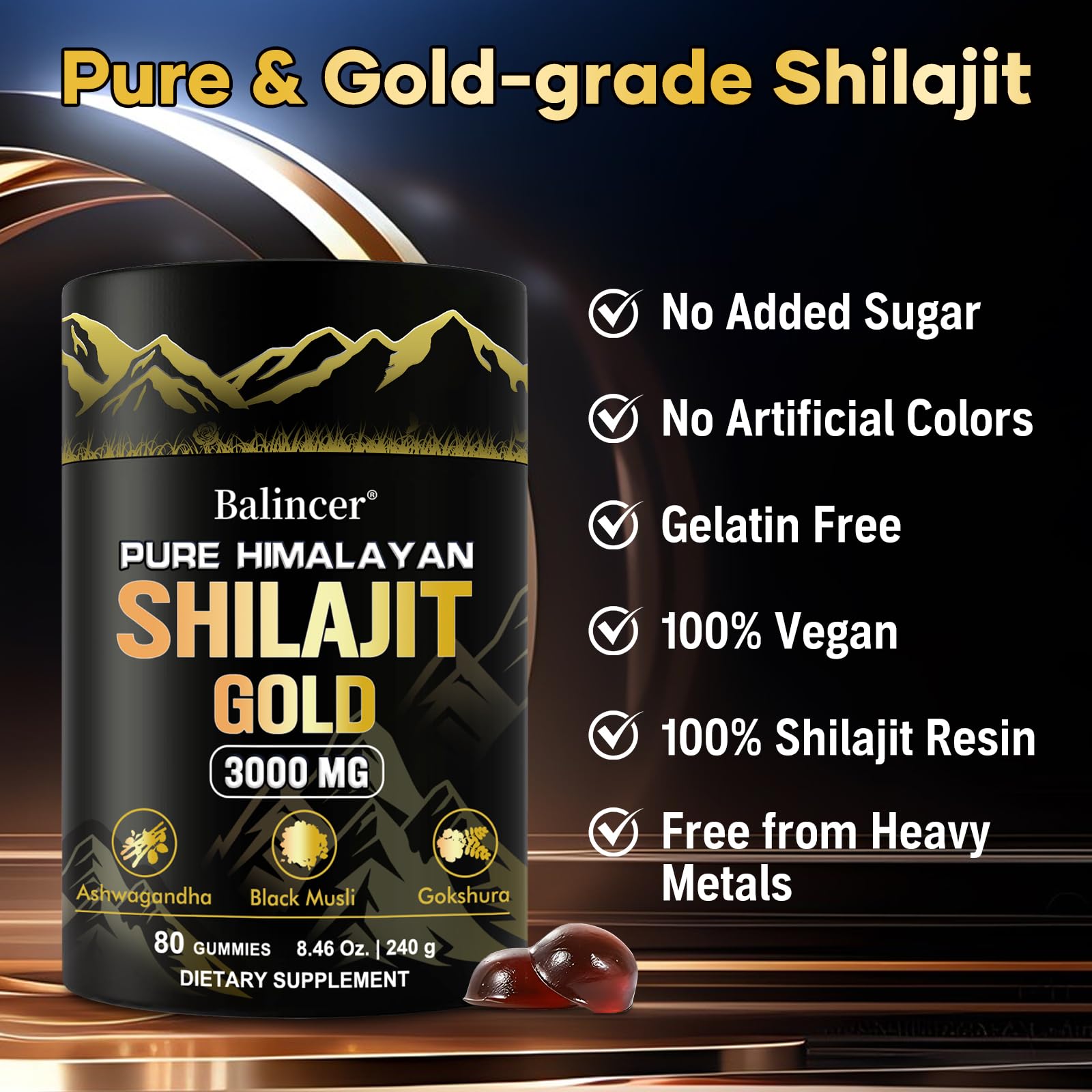 Travel-ready packaging for Shilajit Gummies Gold for on-the-go use
