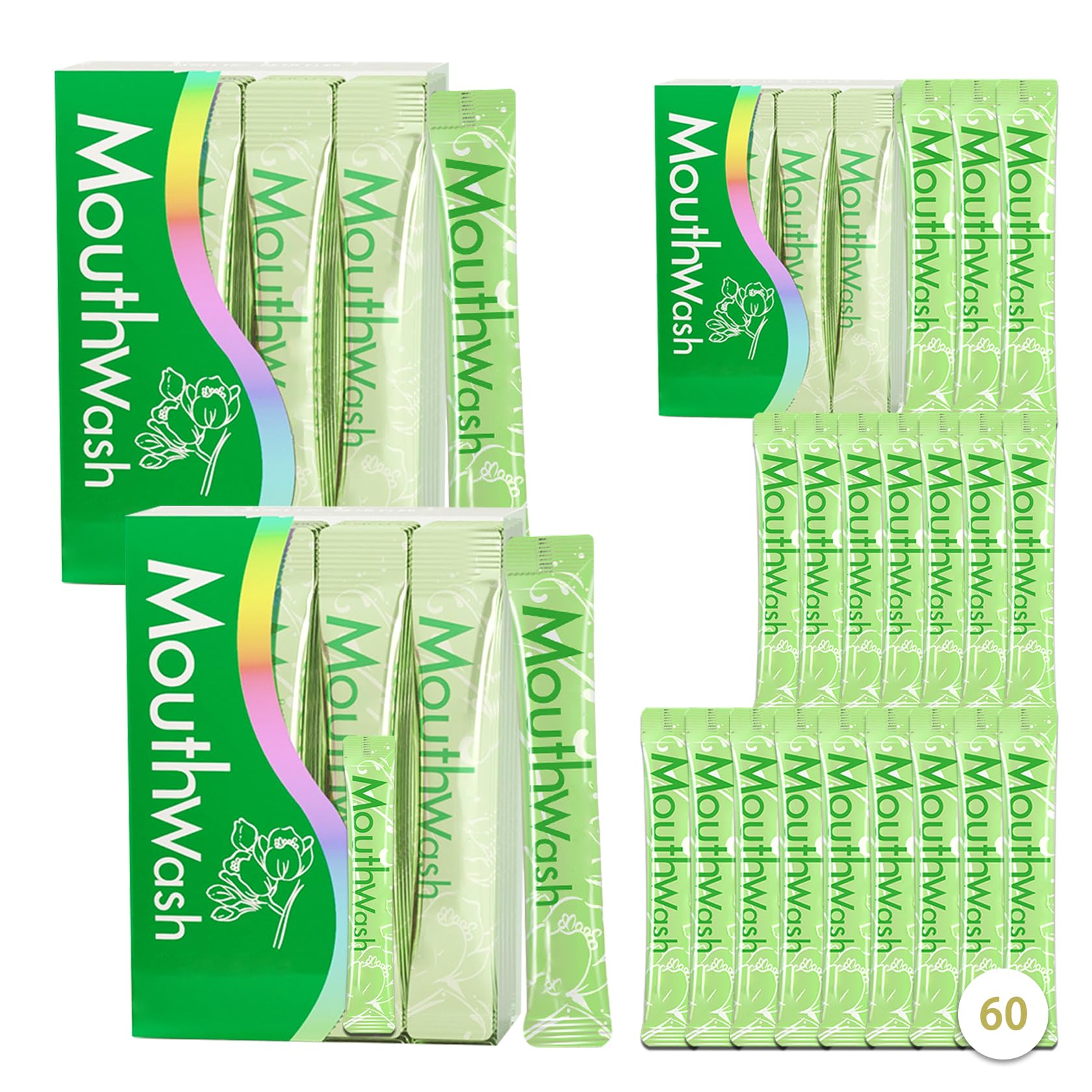 60-pack travel size mouthwash sachets in a box