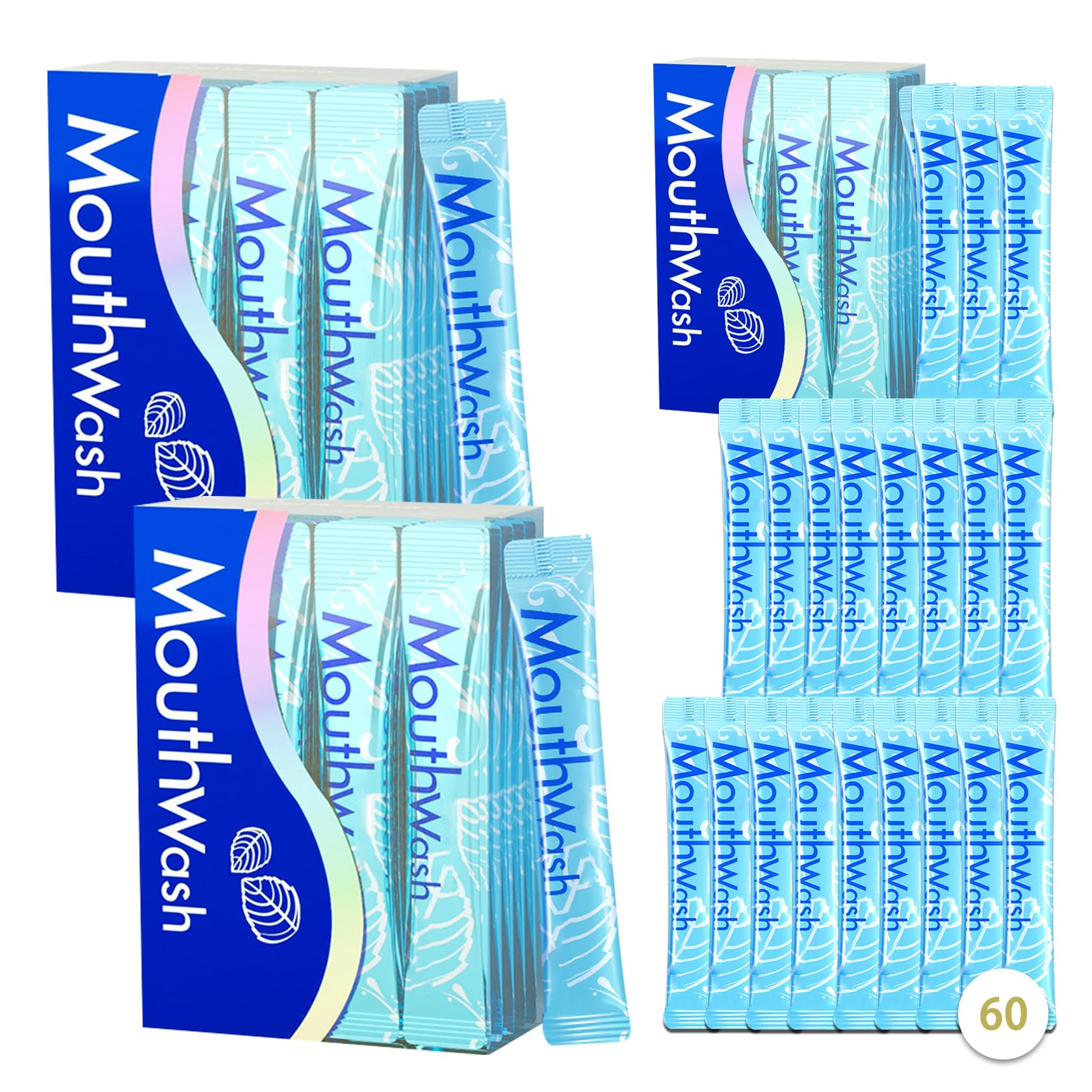 Travel size mouthwash sachets bundle of 60 for on-the-go use