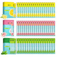 Overview of travel size mouthwash kit with lemon, peach, and mint flavors.