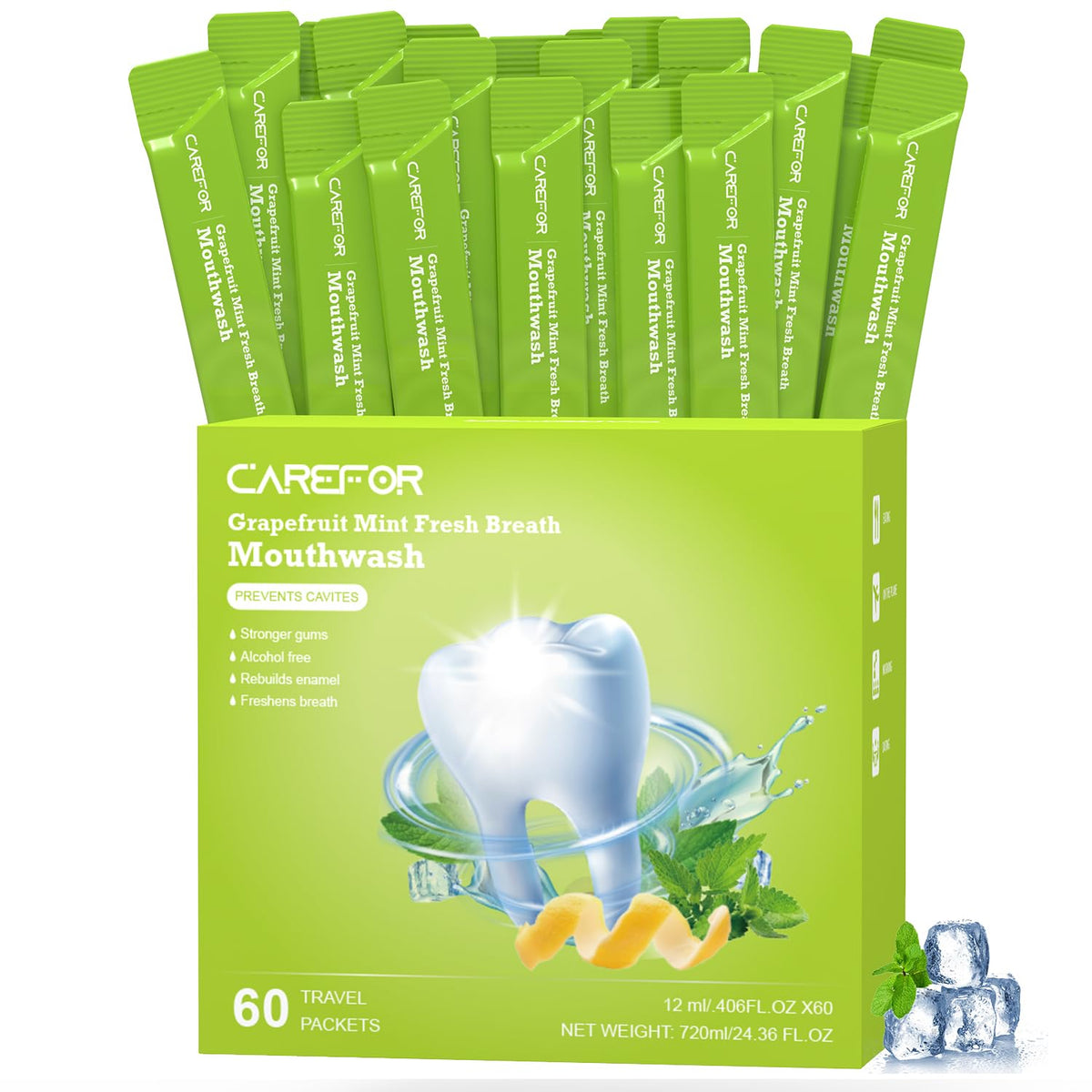 Front view of travel-size grapefruit mint mouthwash packets (0.41 fl oz each)