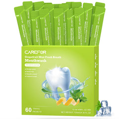 Front view of travel-size grapefruit mint mouthwash packets (0.41 fl oz each)