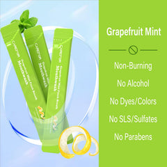 Grapefruit mint travel-size mouthwash packets packaging