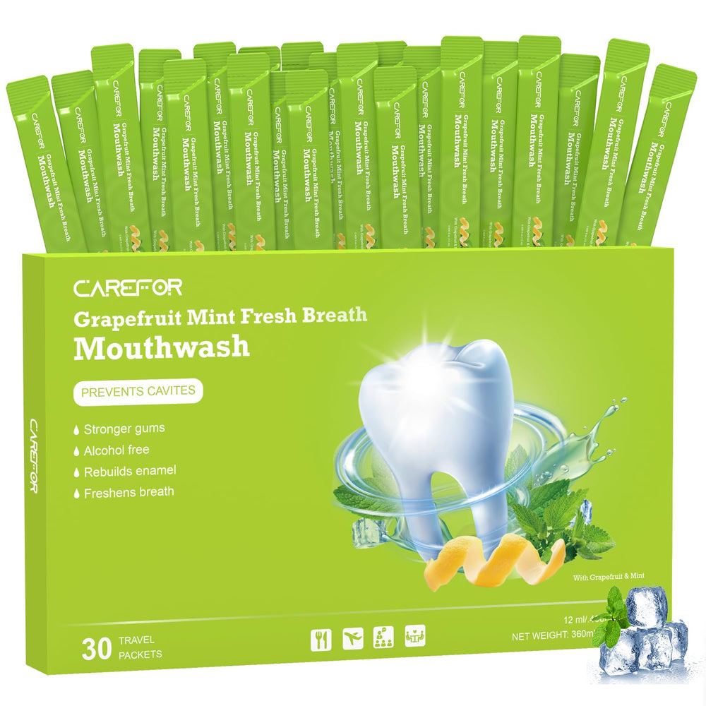 Travel-size mouthwash packets in grapefruit mint flavor, 0.41 fl oz each