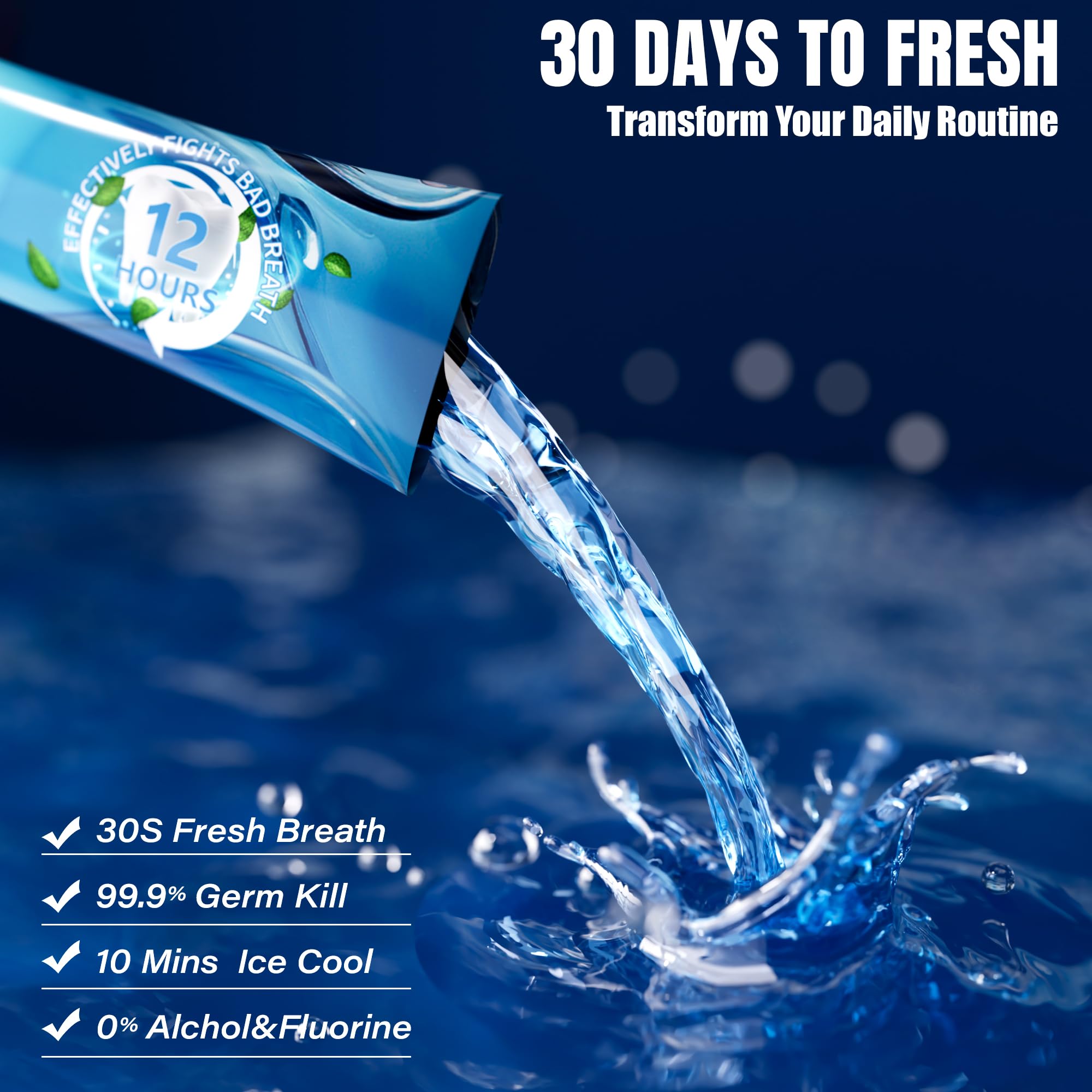 Mint-flavored mouthwash packet on white background