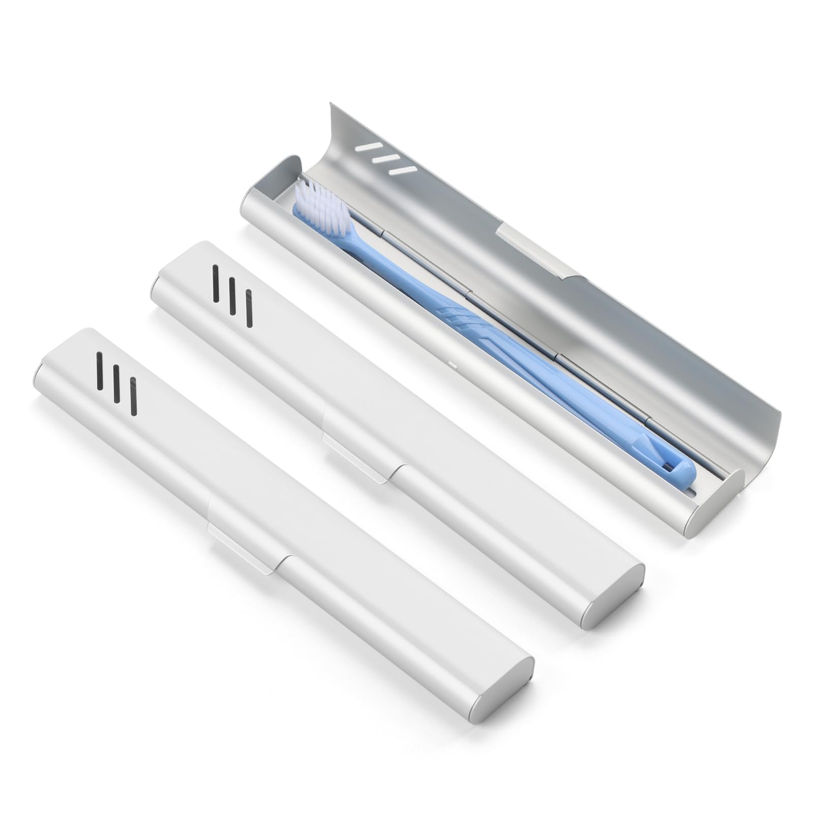 Aluminum travel toothbrush case in Sliver - side view