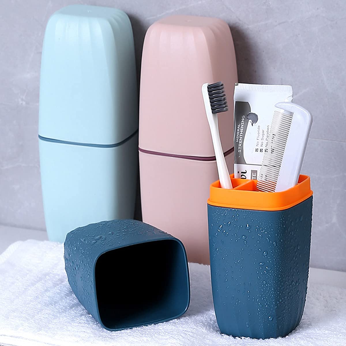 Light blue toothbrush cup case packed in bag for travel