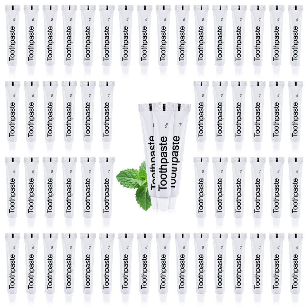White travel toothpaste bulk pack with 50 tubes