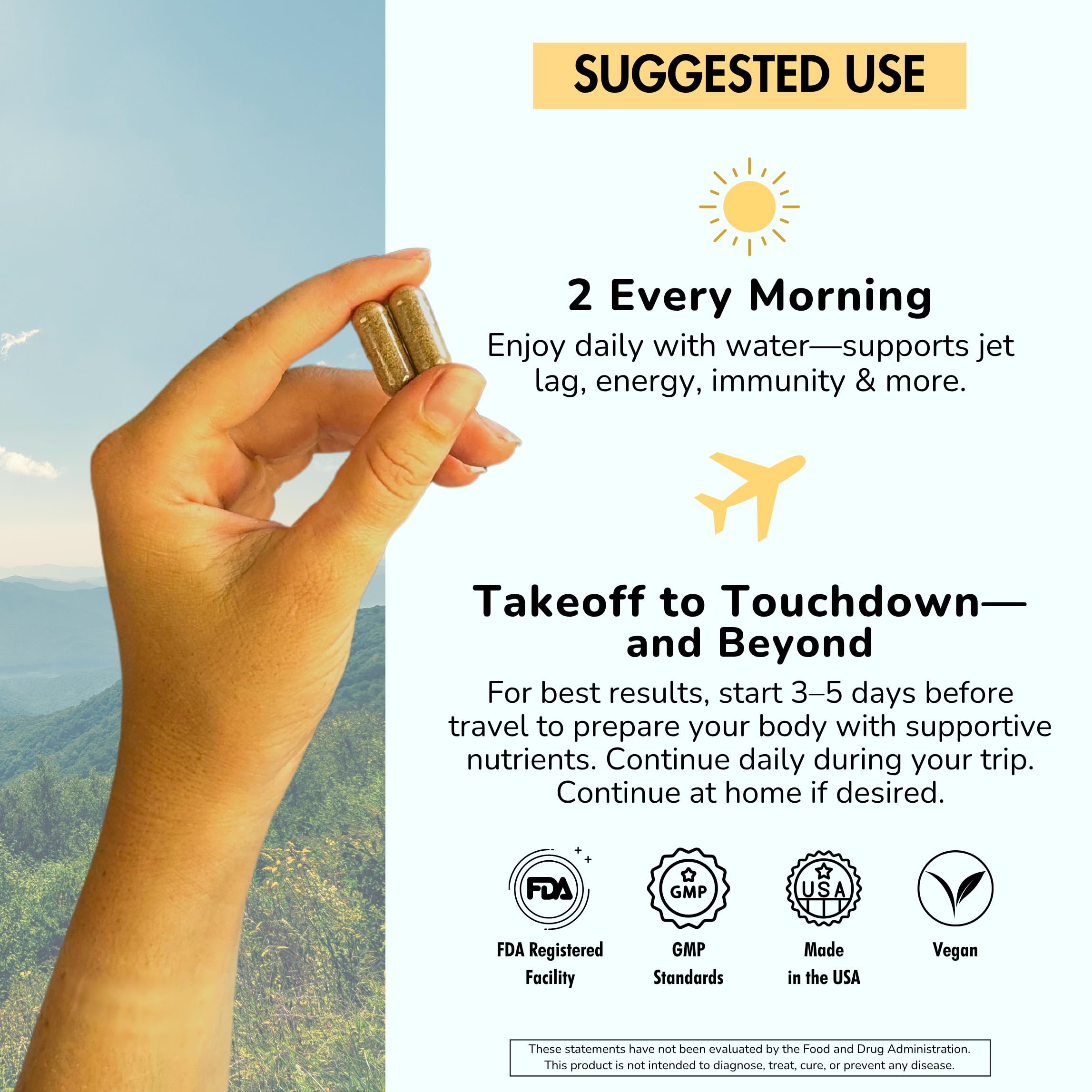 All-in-one travel wellness bottle highlighting D3 and B vitamins