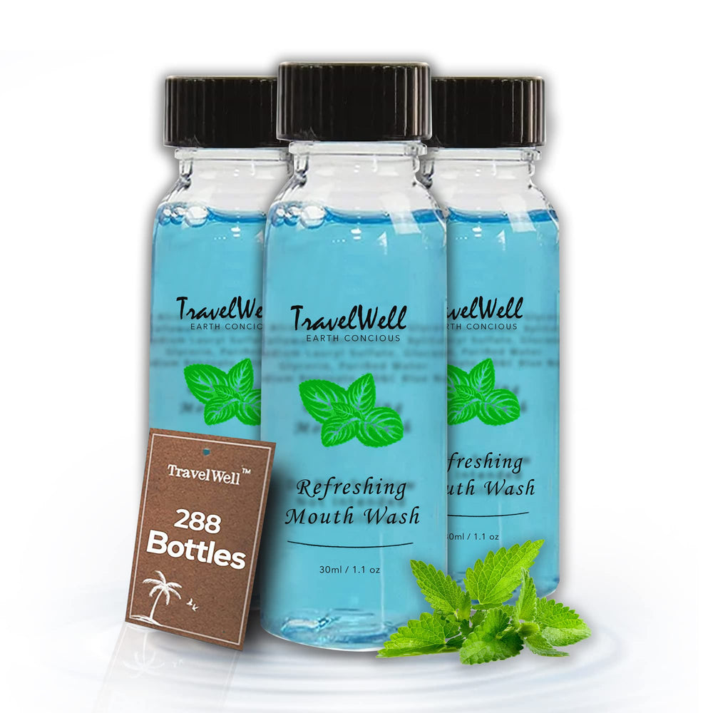 Individually wrapped Travel Well mouthwash bottle with mint flavor