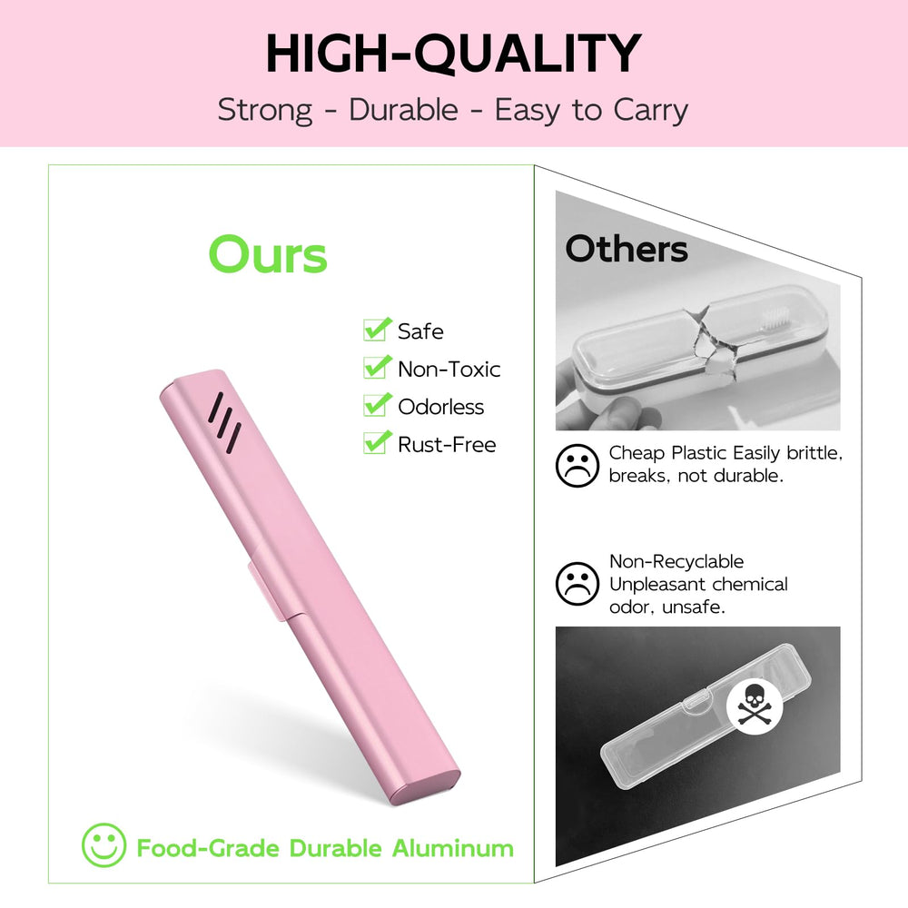 Travel gear with pink toothbrush case in bag
