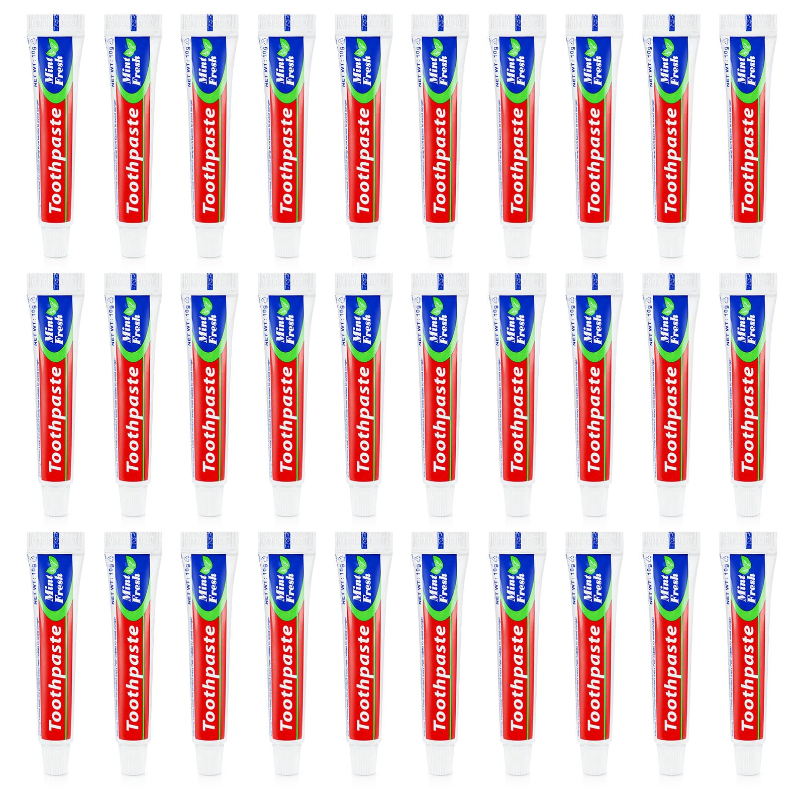 Bulk pack of 30 disposable travel size toothpaste tubes with mint flavor