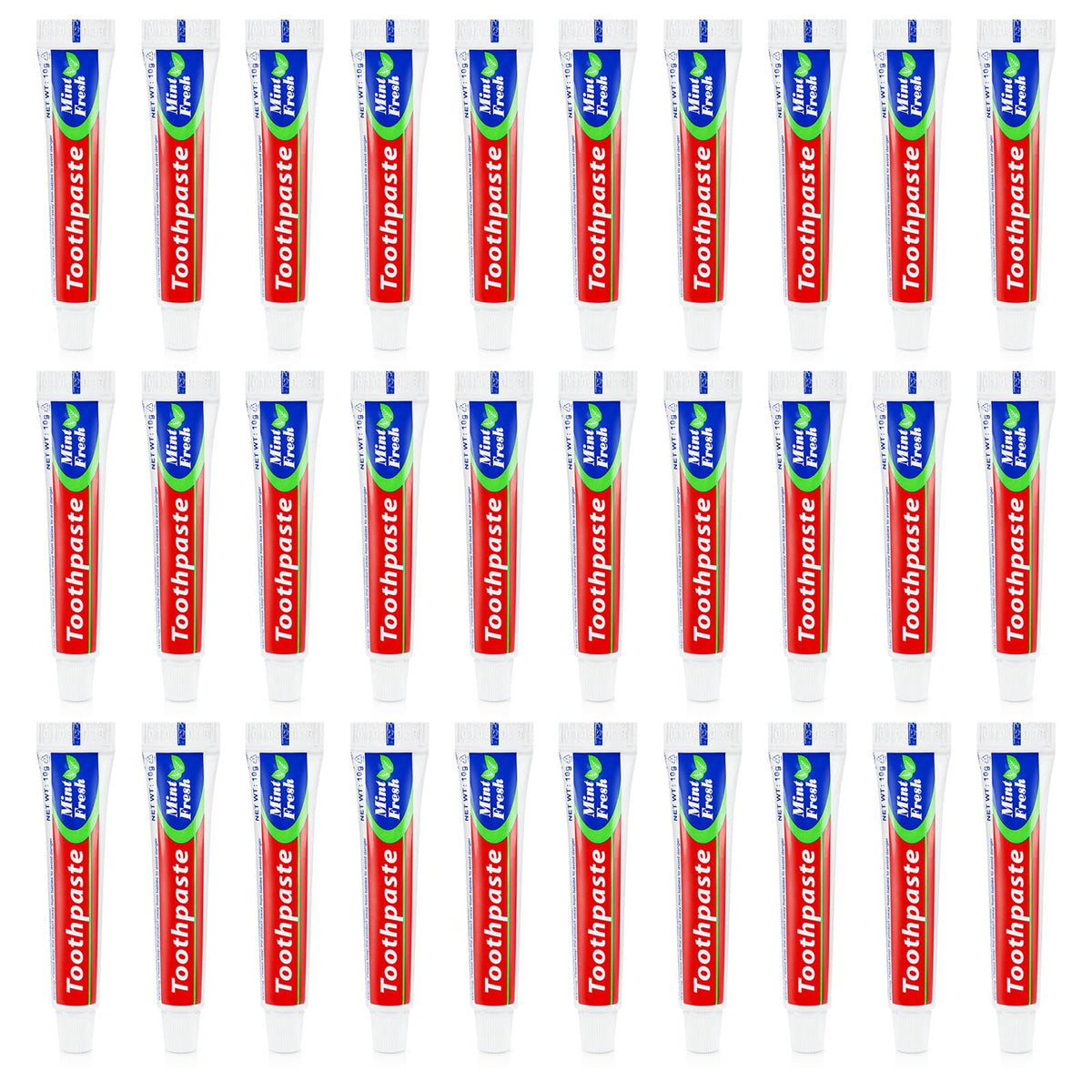 Bulk pack of 30 disposable travel size toothpaste tubes with mint flavor