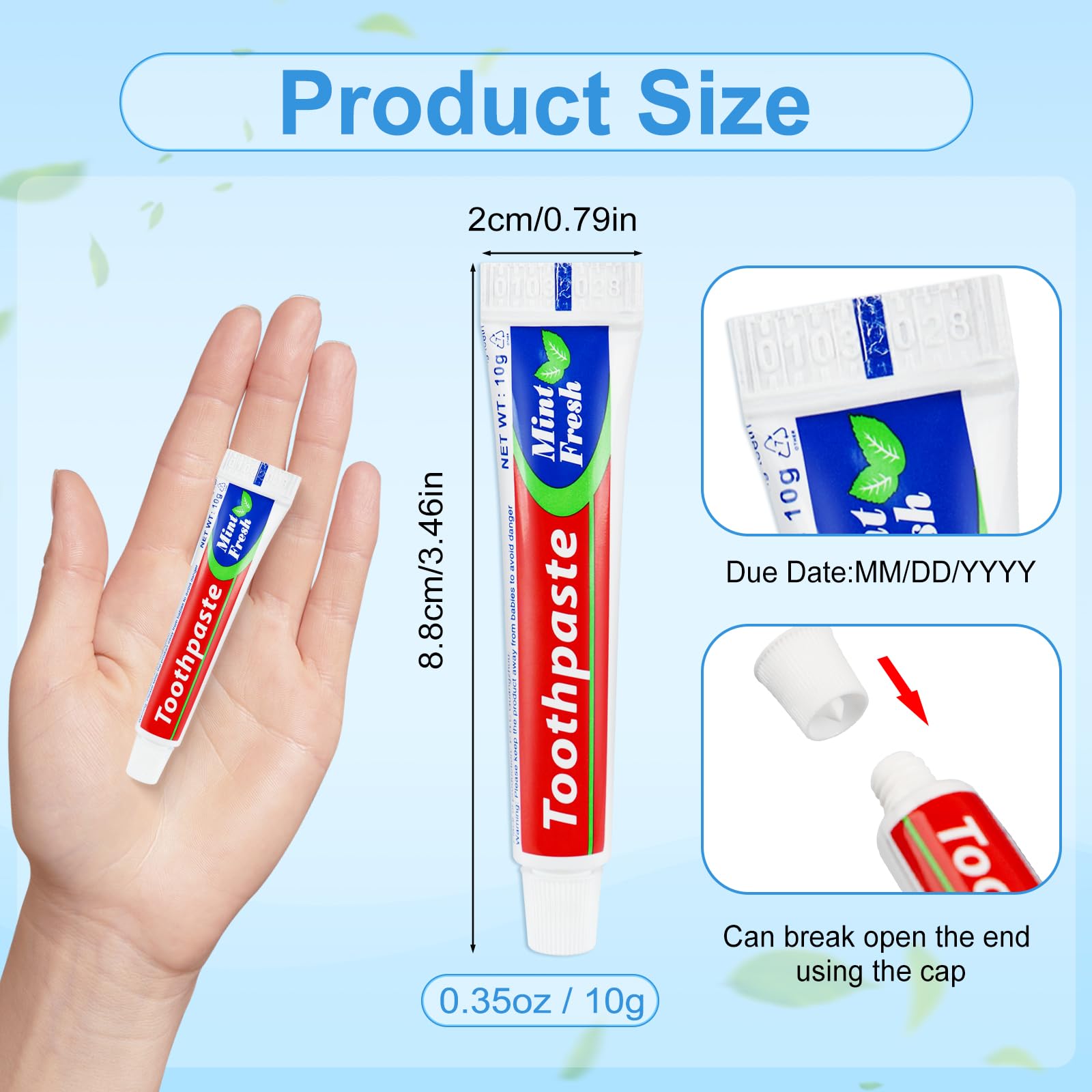 Individual 0.35 oz (10 g) toothpaste tubes for travel in a 30-pack