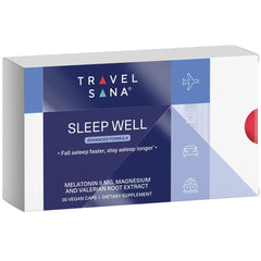 TRAVELSANA Sleep Well bottle and capsules for jet lag remedy