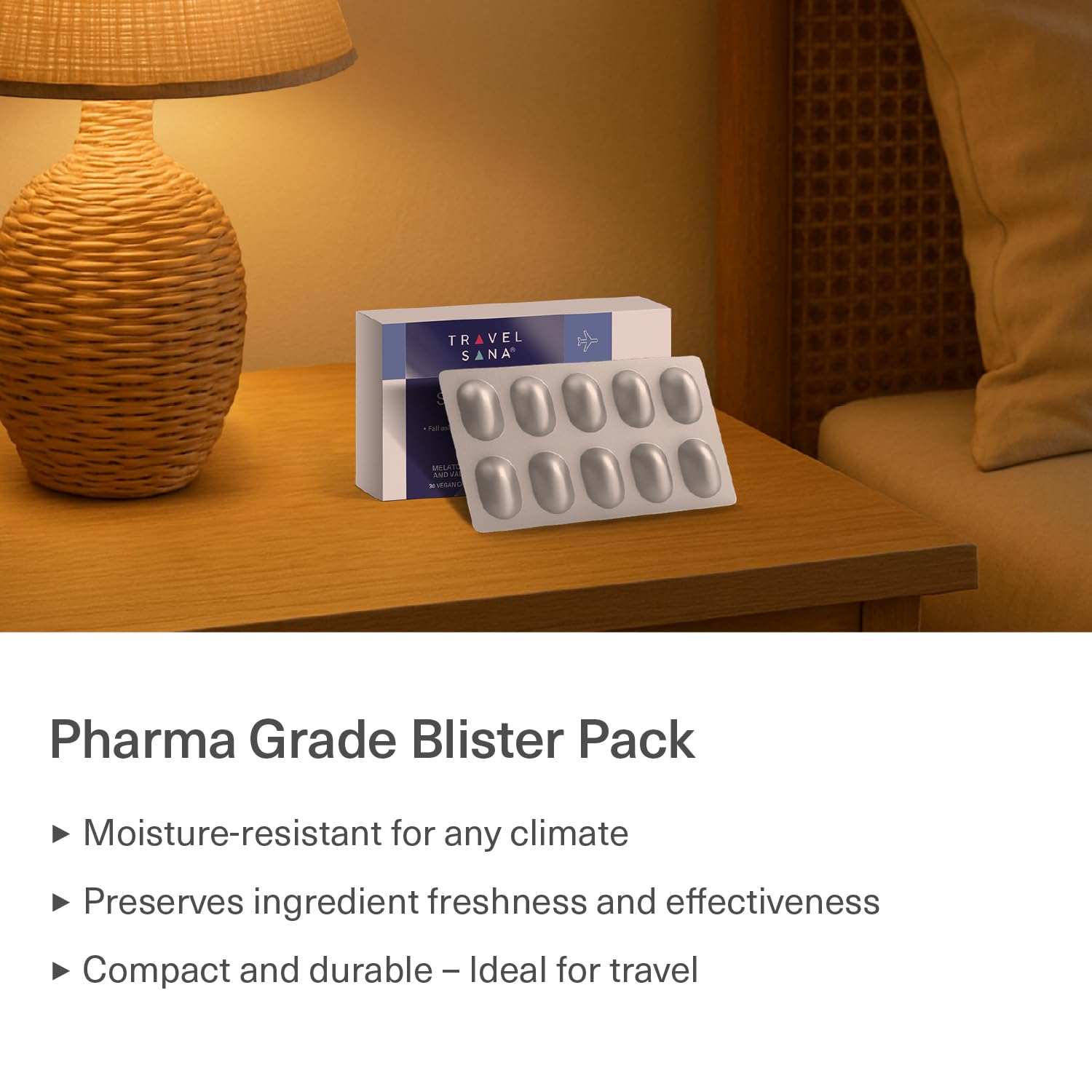 Lightweight travel blister packaging for TRAVELSANA Sleep Well