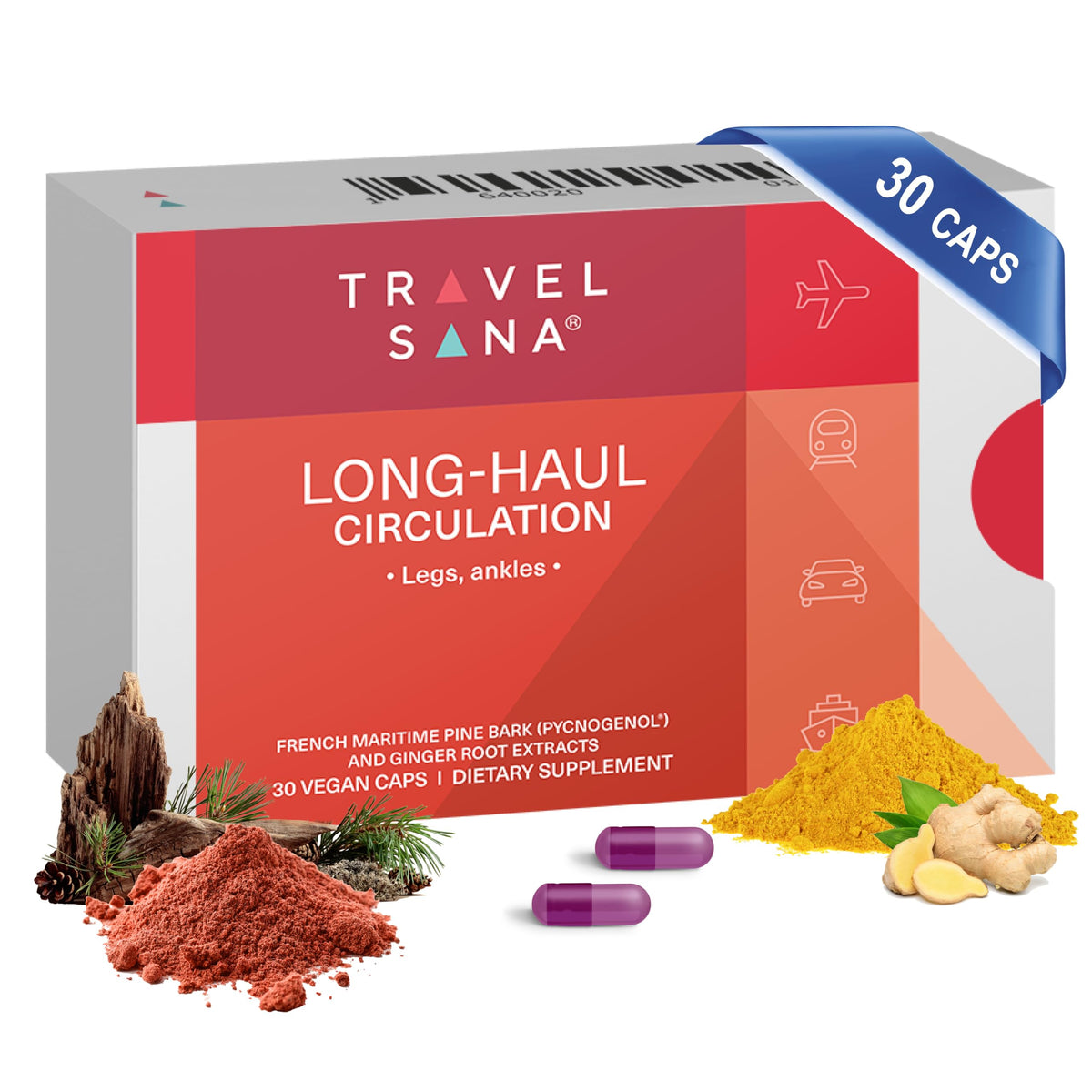 Product bottle and label for TRAVELSANA Long-Haul Circulation