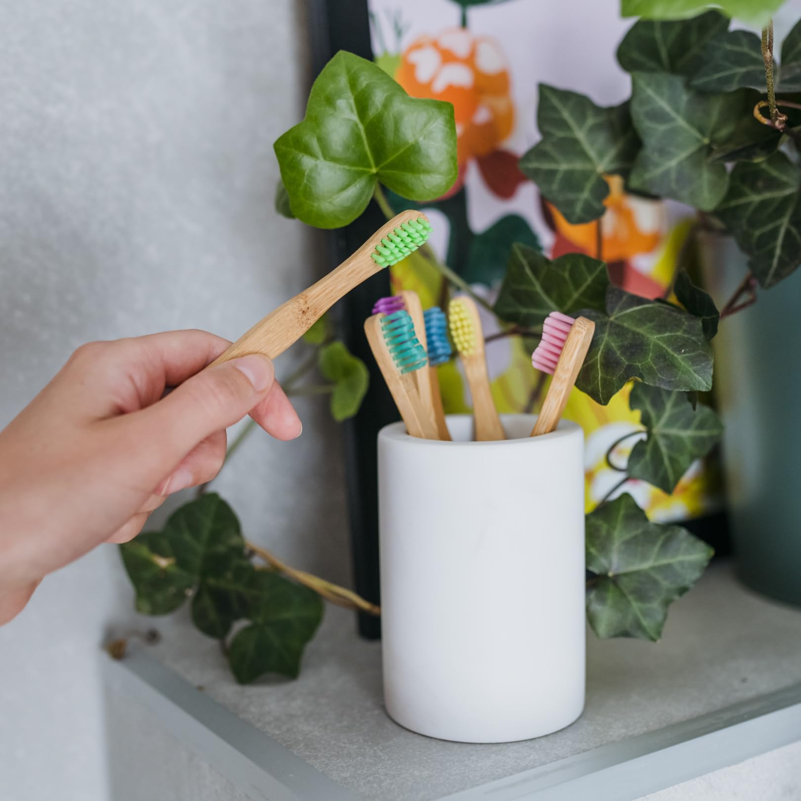 Close-up of colorful bristles on TreeBird kids bamboo toothbrush