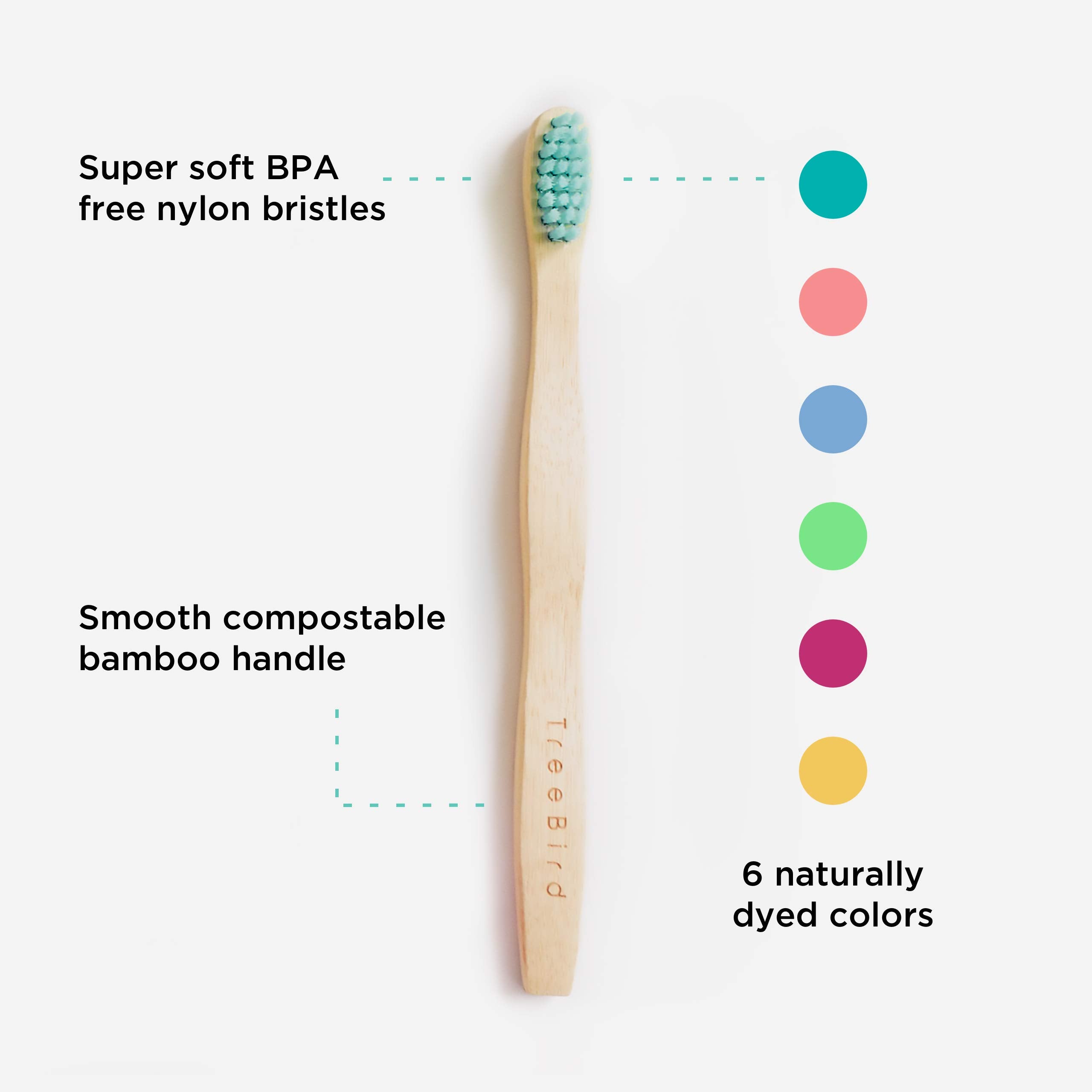 Natural bamboo handles on TreeBird kids toothbrushes