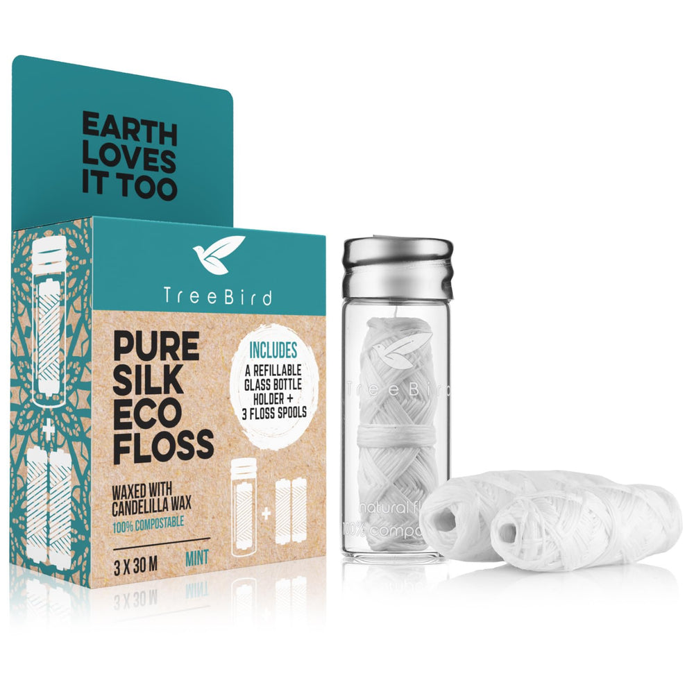 Main product image: TreeBird Pure Silk Eco Floss Kit with refillable glass dispenser (mint waxed)