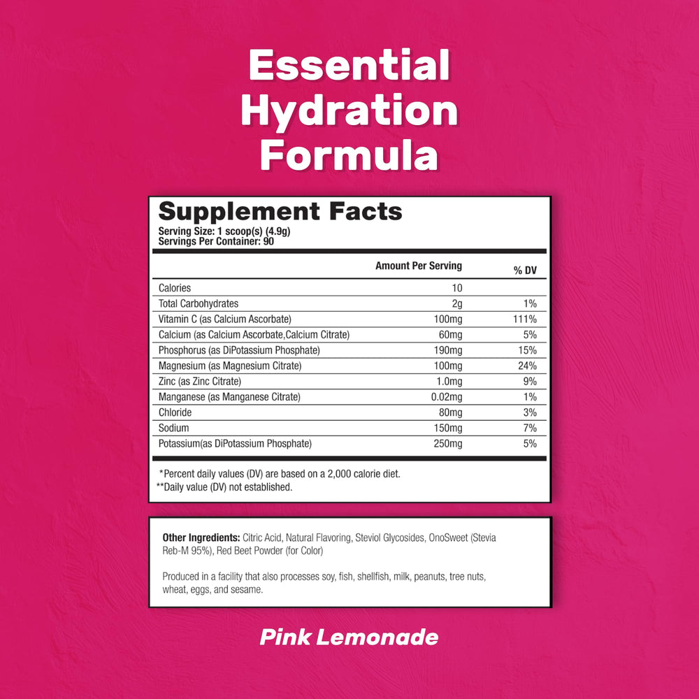 Hydration electrolyte powder being mixed in water (Pink Lemonade)