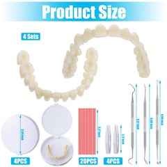 Contents of TrelaCo Dentures DIY kit: 4 dentures, 4 tweezers, 4 brace containers