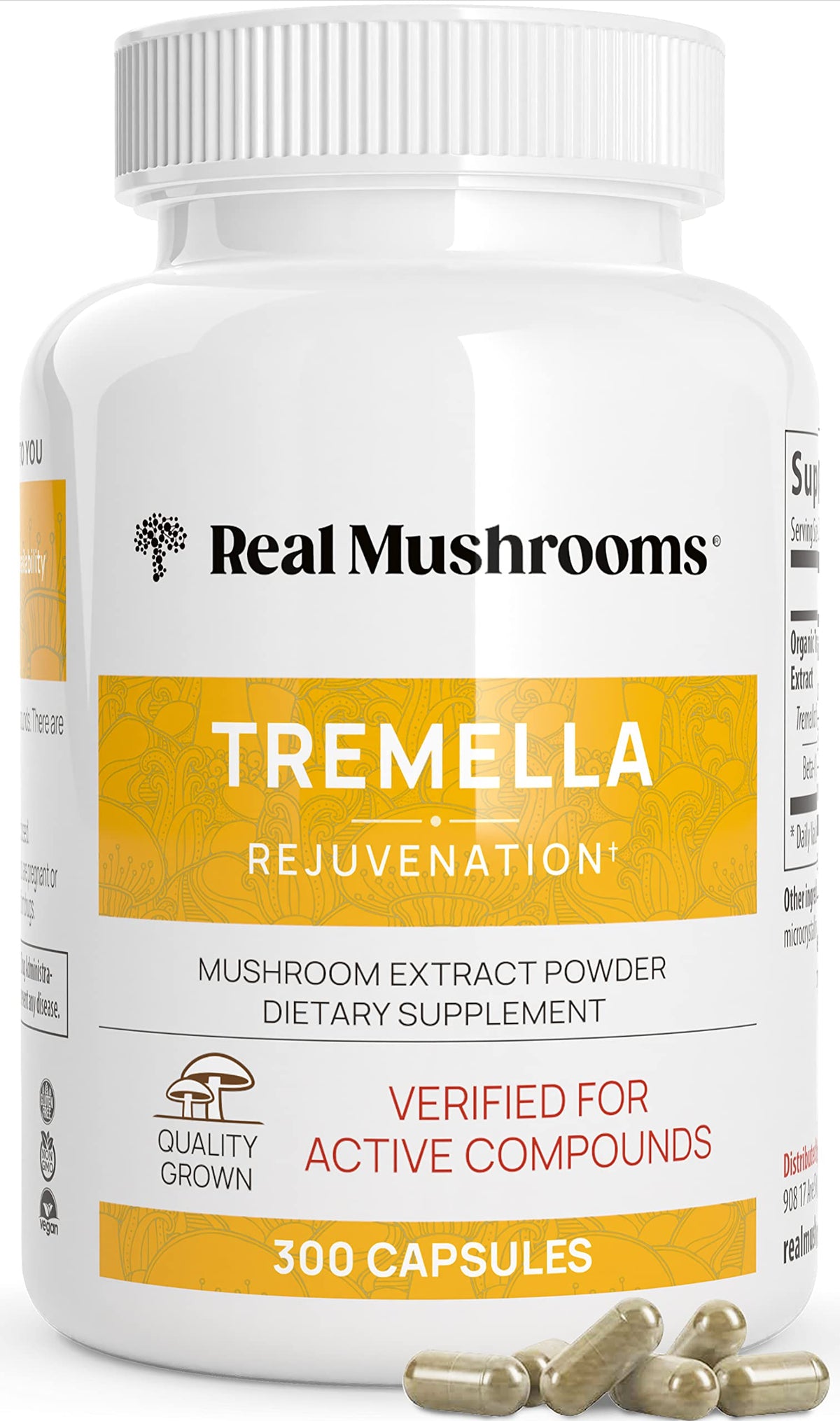 Bottle of Real Mushrooms Tremella Mushroom Capsules – 300 count