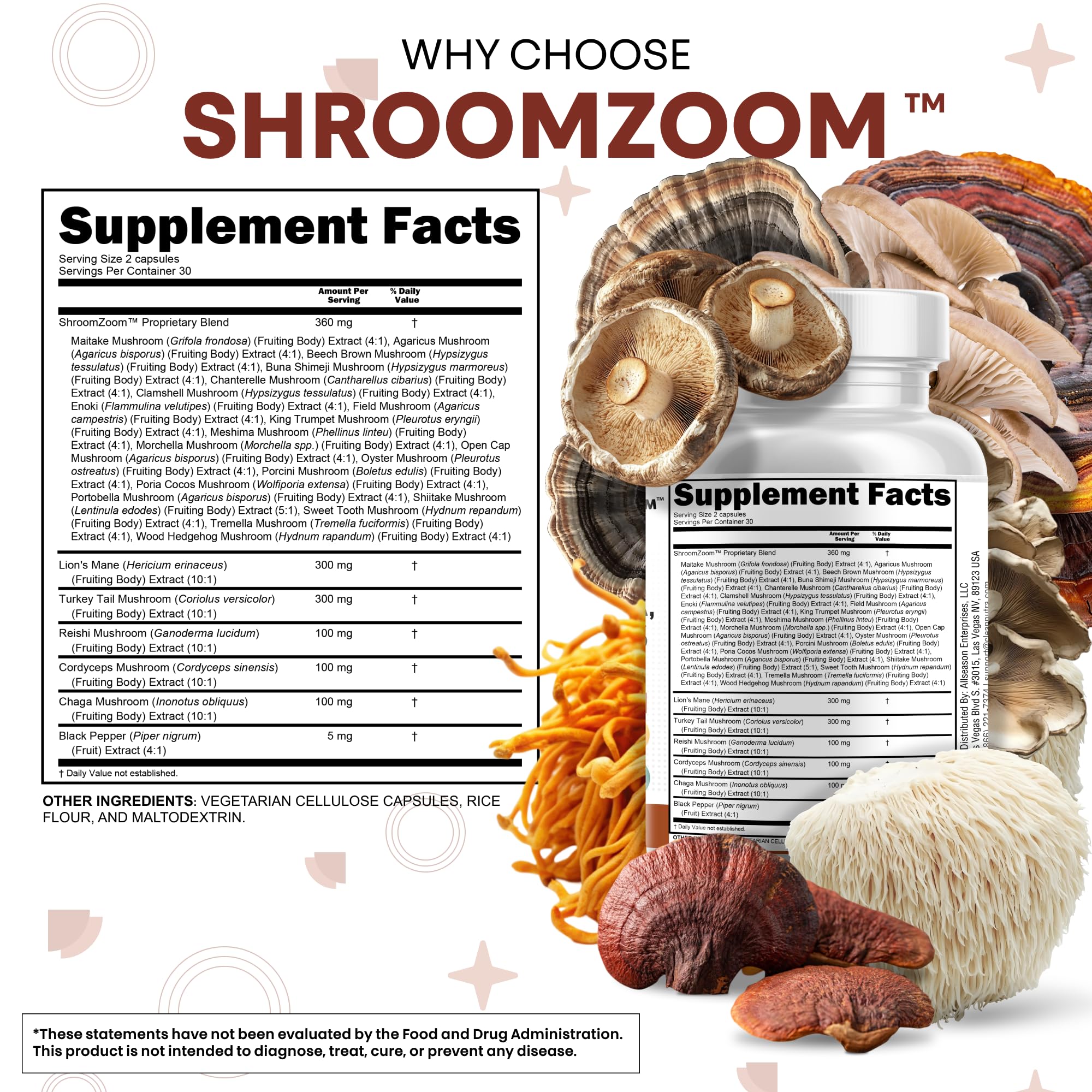 Tremella and Porcini mushrooms featured in the 20-in-1 formula