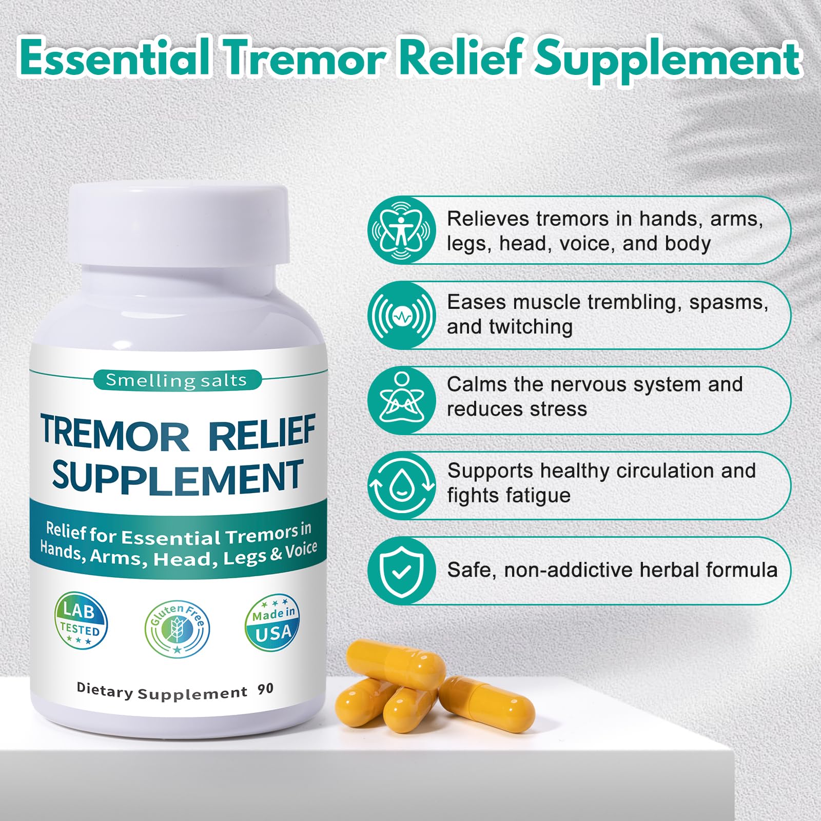 Supplement bottle label highlighting gluten-free, dairy-free and non-GMO features