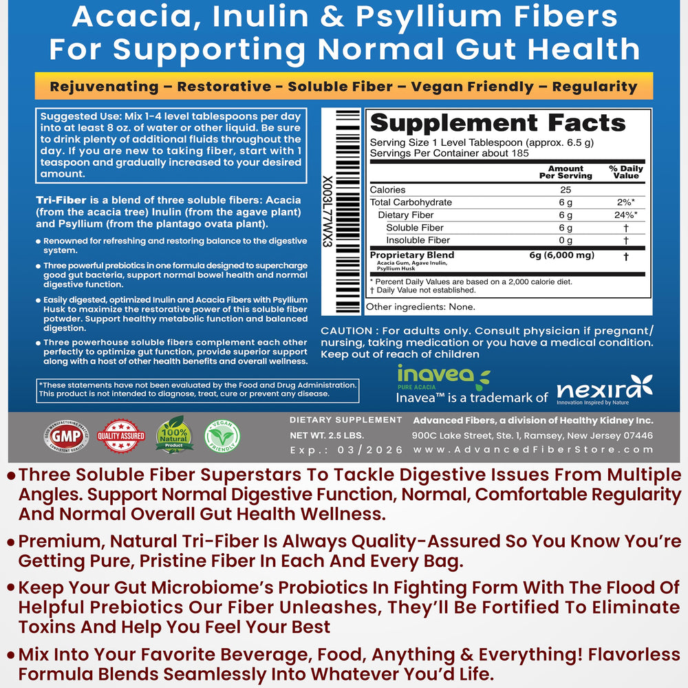 Tri-Fiber digestive health product with bottle